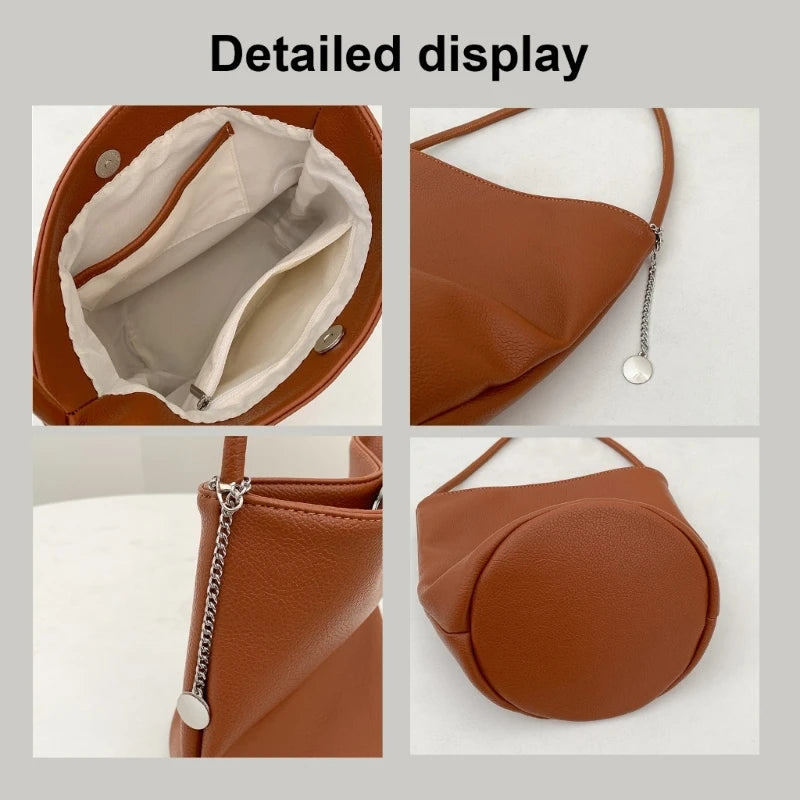 Women Bucket Bag PU Leather Shoulder Bag Trend Handbag Korean Styles Armpit Bag