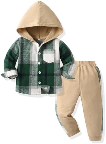 Feidoog Toddler Boys Plaid Hoodie Pants Set