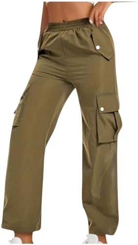 Wide Leg Workout Cargo Pants for Women Elastic Waist with Pockets