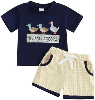 Toddler Baby Boy Summer Plaid Shorts Set with Duck Embroidery