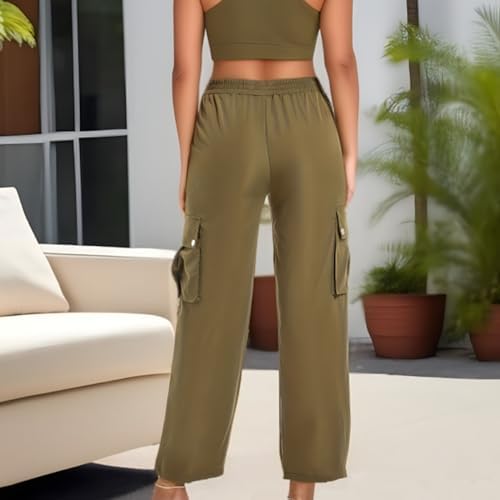 Wide Leg Workout Cargo Pants for Women Elastic Waist with Pockets