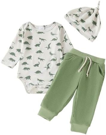 Newborn Baby Boy Fall Outfit Dinosaur Print 3 Piece Set