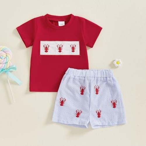 Crawfish Outfit Set Toddler Boy lobster embroidery fishing t shirt