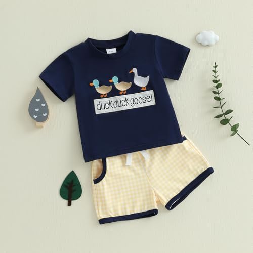 Toddler Baby Boy Summer Plaid Shorts Set with Duck Embroidery