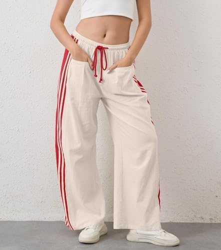 MISSACTIVER Womens Side Striped Wide Leg High Rise Sweatpants