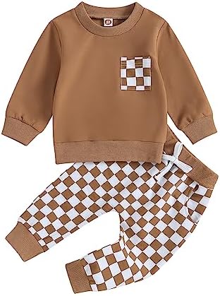 Toddler Baby Boy Plaid Sweatshirt Pant Set 2Pcs Fall Winter Outfit