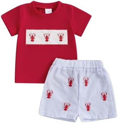 Crawfish Outfit Set Toddler Boy lobster embroidery fishing t shirt
