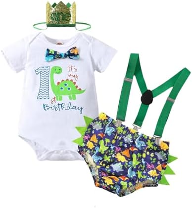 1st Birthday Baby Boys Dinosaur Romper Shorts Set