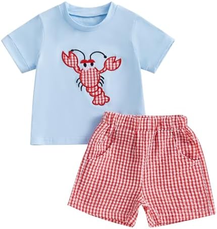 Gaono Toddler Boy Summer crab lobster embroidery t-shirt plaid shorts set