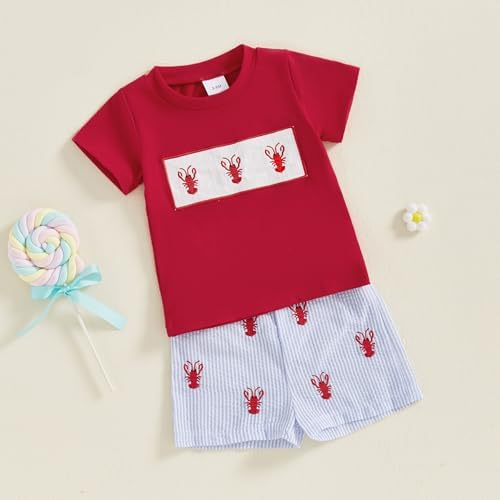 Crawfish Outfit Set Toddler Boy lobster embroidery fishing t shirt