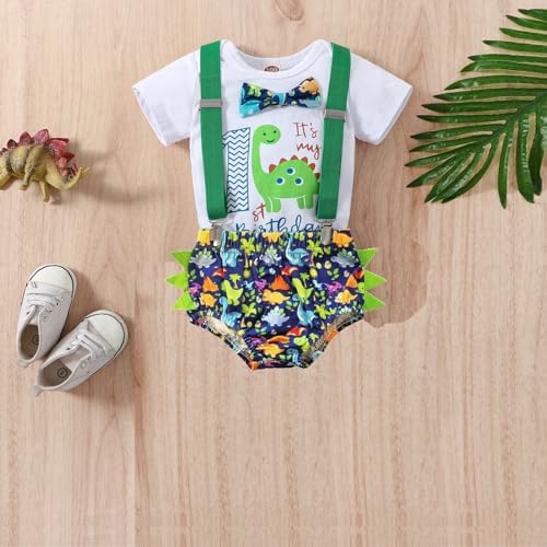 1st Birthday Baby Boys Dinosaur Romper Shorts Set