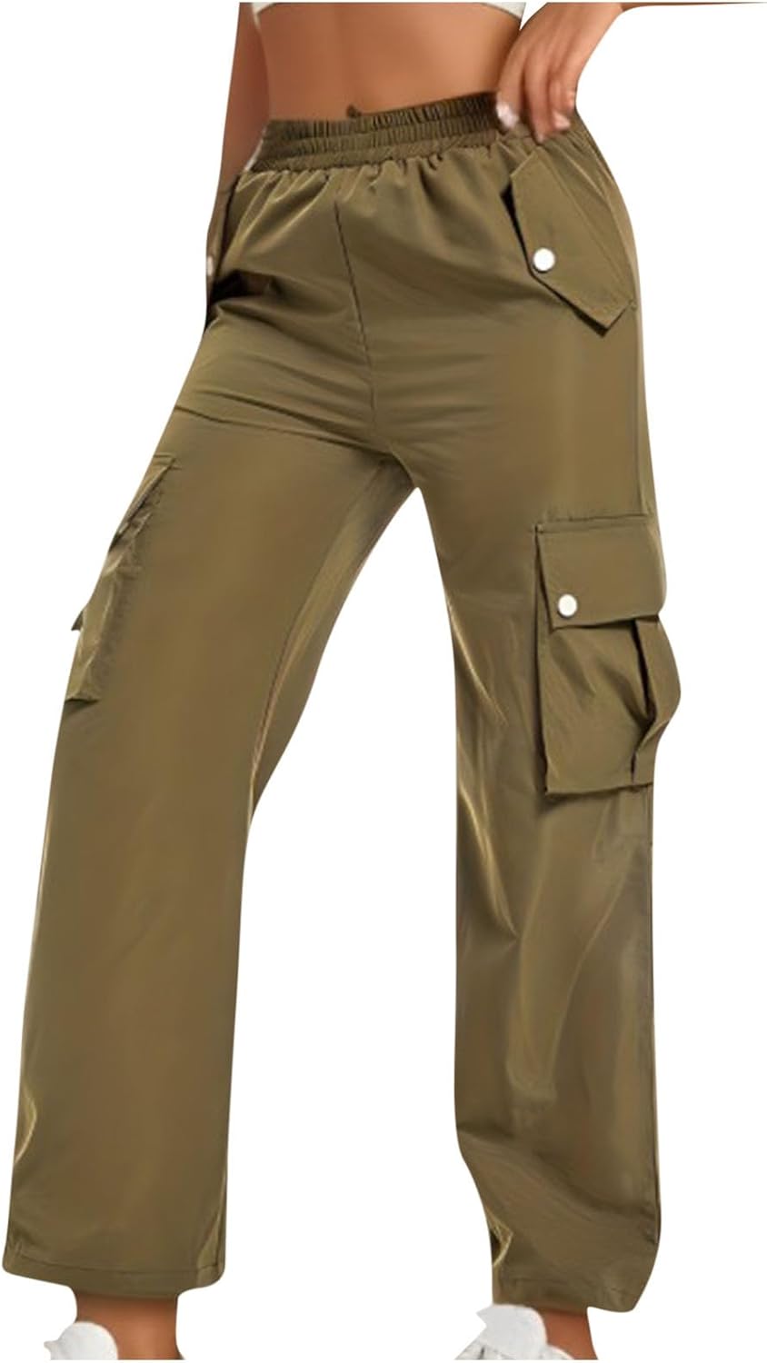 Wide Leg Workout Cargo Pants for Women Elastic Waist with Pockets