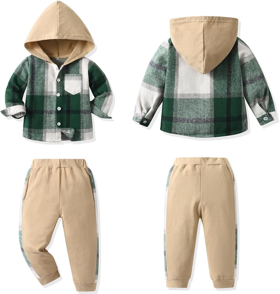 Feidoog Toddler Boys Plaid Hoodie Pants Set