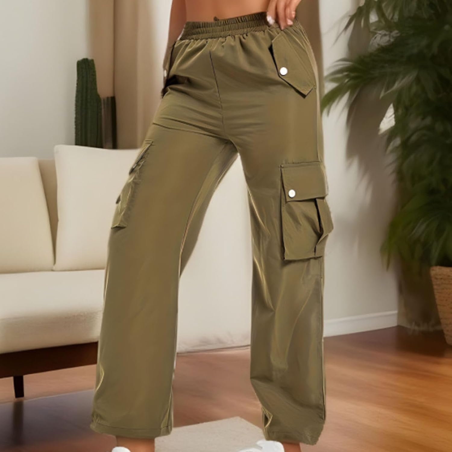 Wide Leg Workout Cargo Pants for Women Elastic Waist with Pockets