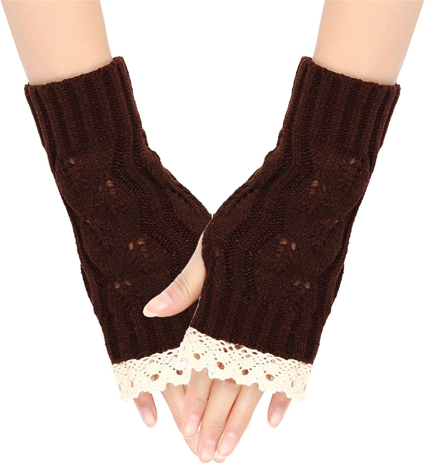 Knit Arm Warmer Womens Gloves - Splicing Lace Design Waterproof Touchscreen Ergonomic Fit