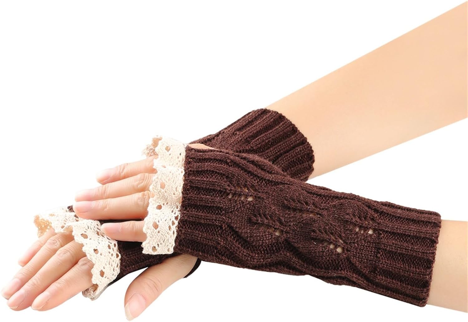 Knit Arm Warmer Womens Gloves - Splicing Lace Design Waterproof Touchscreen Ergonomic Fit