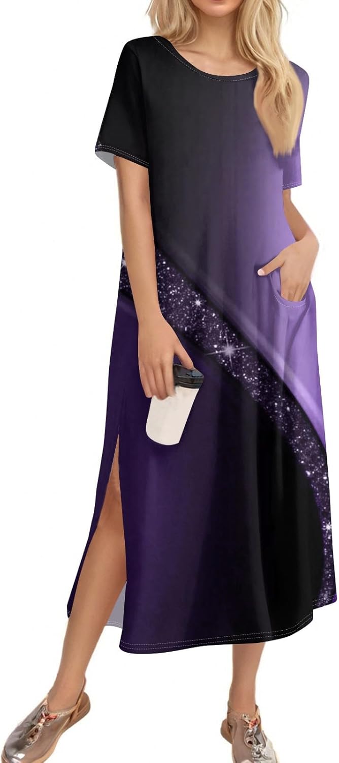 Womens Summer Maxi Tshirt Dress with Slit Hem and Floral Print 1
