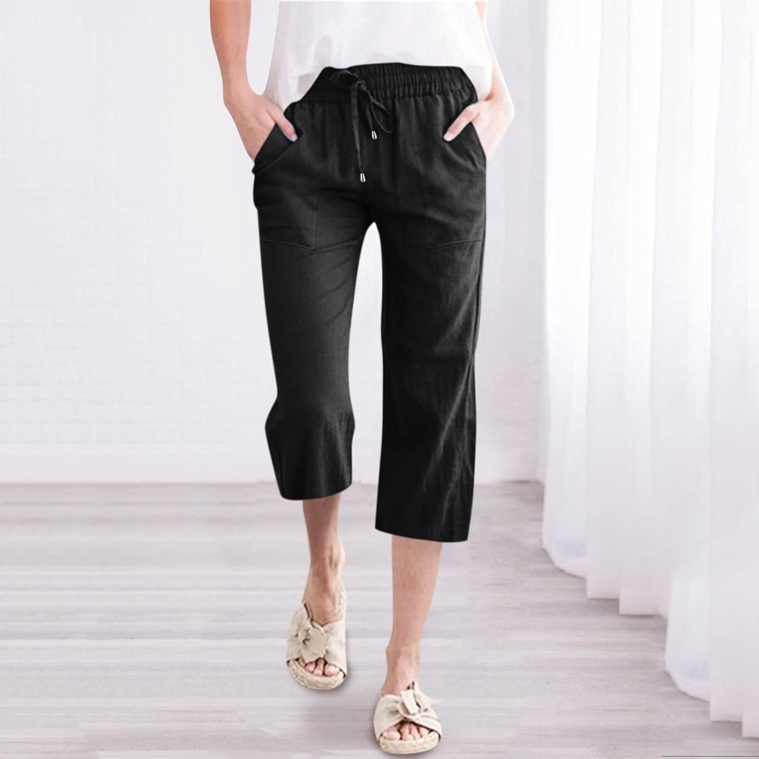 High-Waisted Flowy Wide Leg Cotton-Linen Trousers