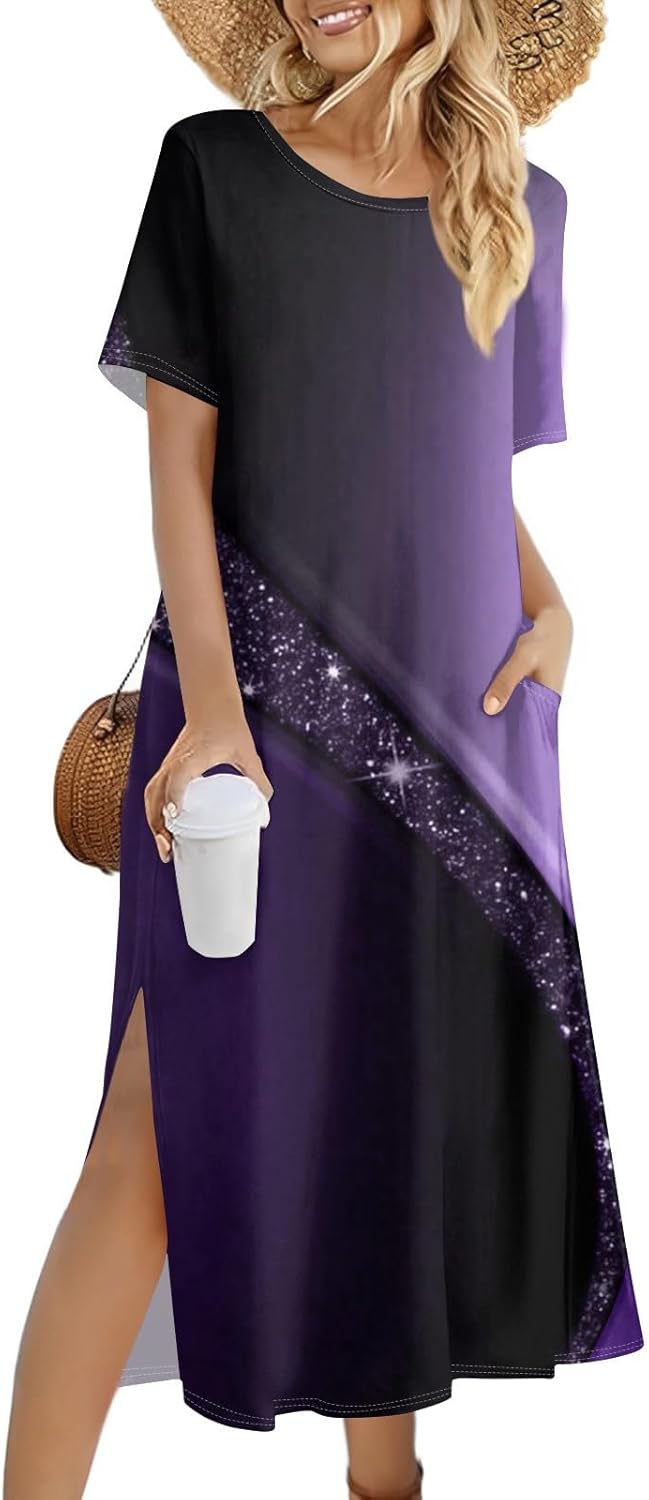 Womens Summer Maxi Tshirt Dress with Slit Hem and Floral Print 1