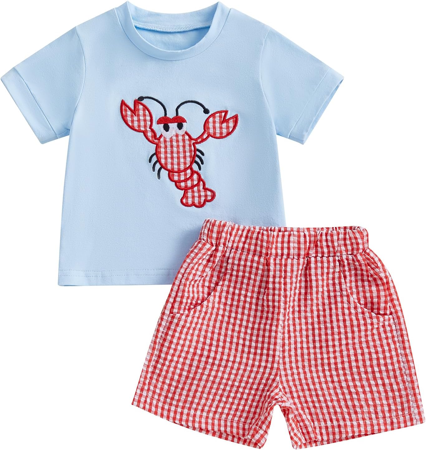 Gaono Toddler Boy Summer crab lobster embroidery t-shirt plaid shorts set