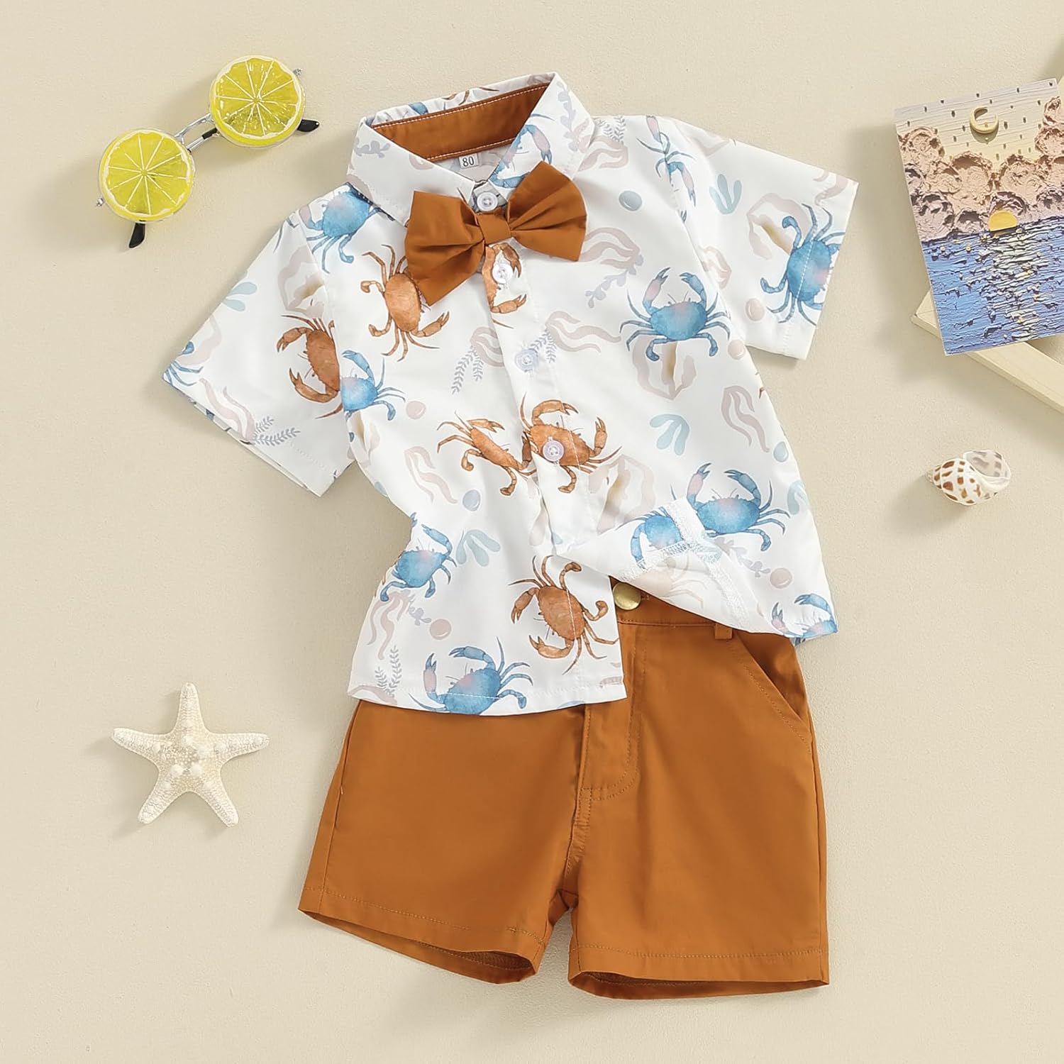 Licupiee Toddler Boys Ocean Print Shorts Set 2Pcs Crab Turtle Summer Outfits
