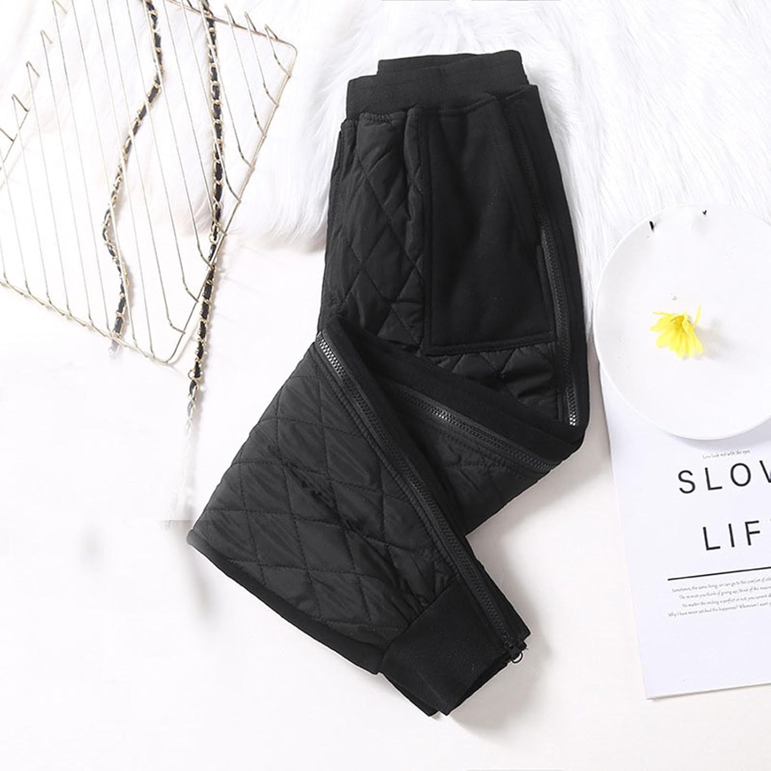 Warm Cozy Quilted Fleece Lined Winter Side Zipper Pant