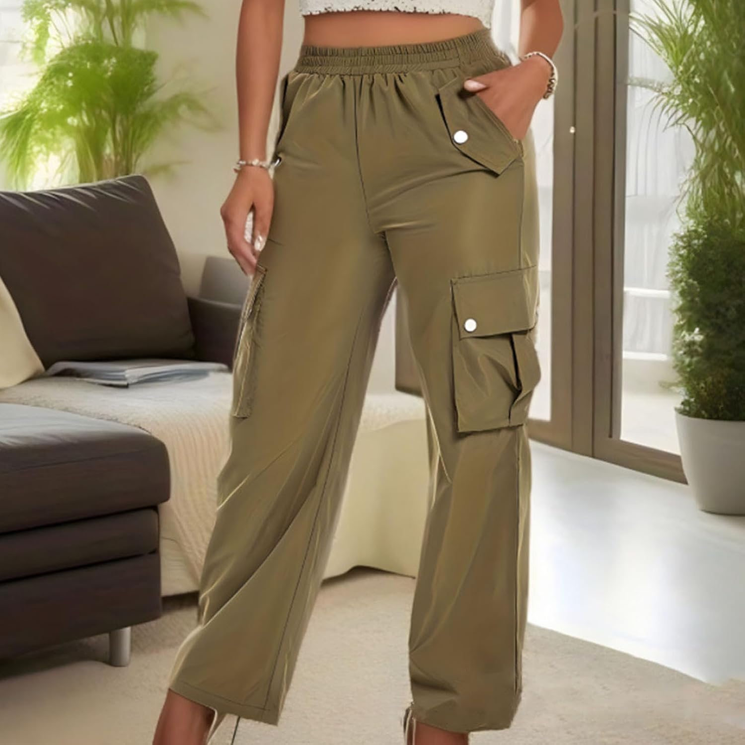 Wide Leg Workout Cargo Pants for Women Elastic Waist with Pockets