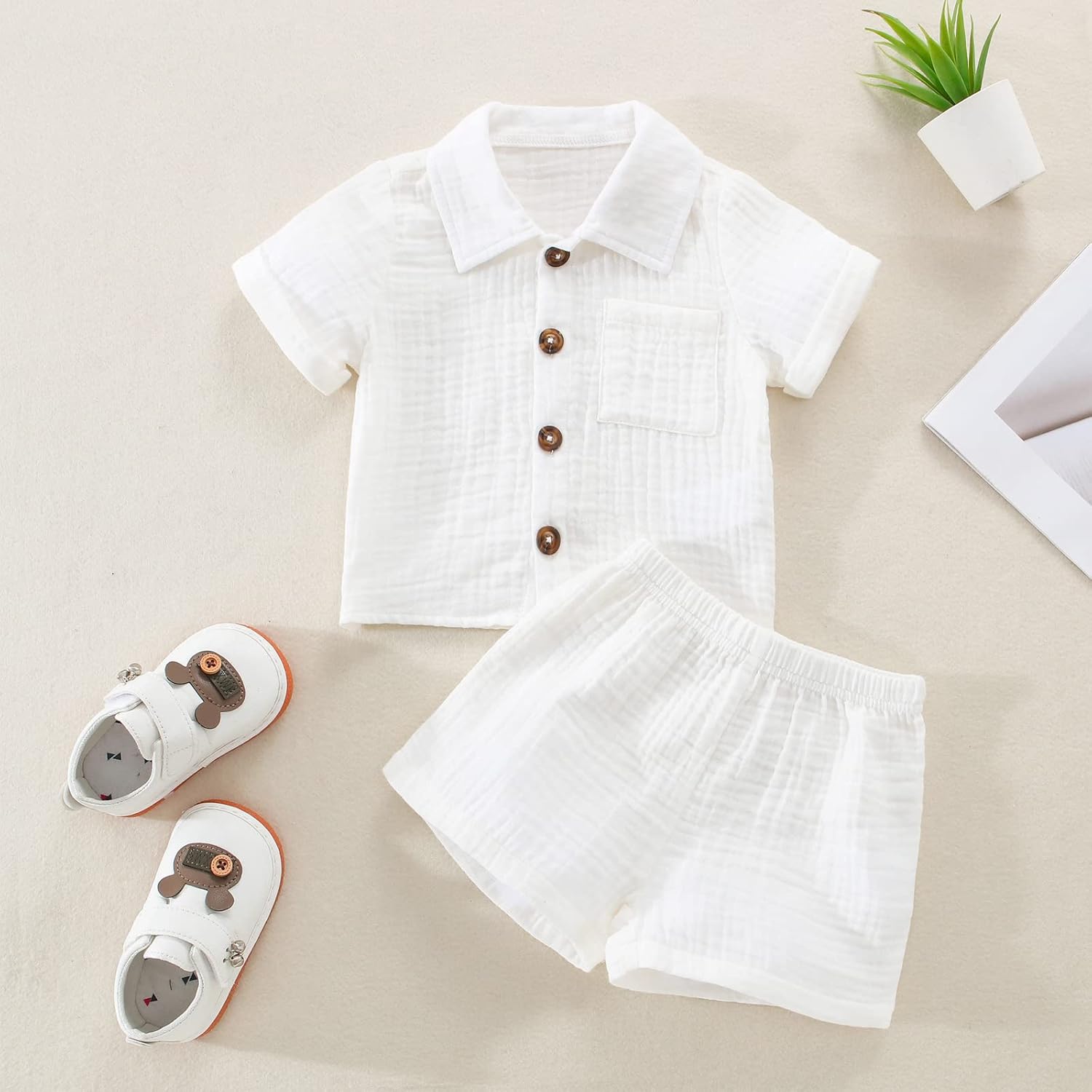 SHIBAOZI Toddler Boy Summer Outfit 2PCS Button-Down Shirt Shorts with Pockets