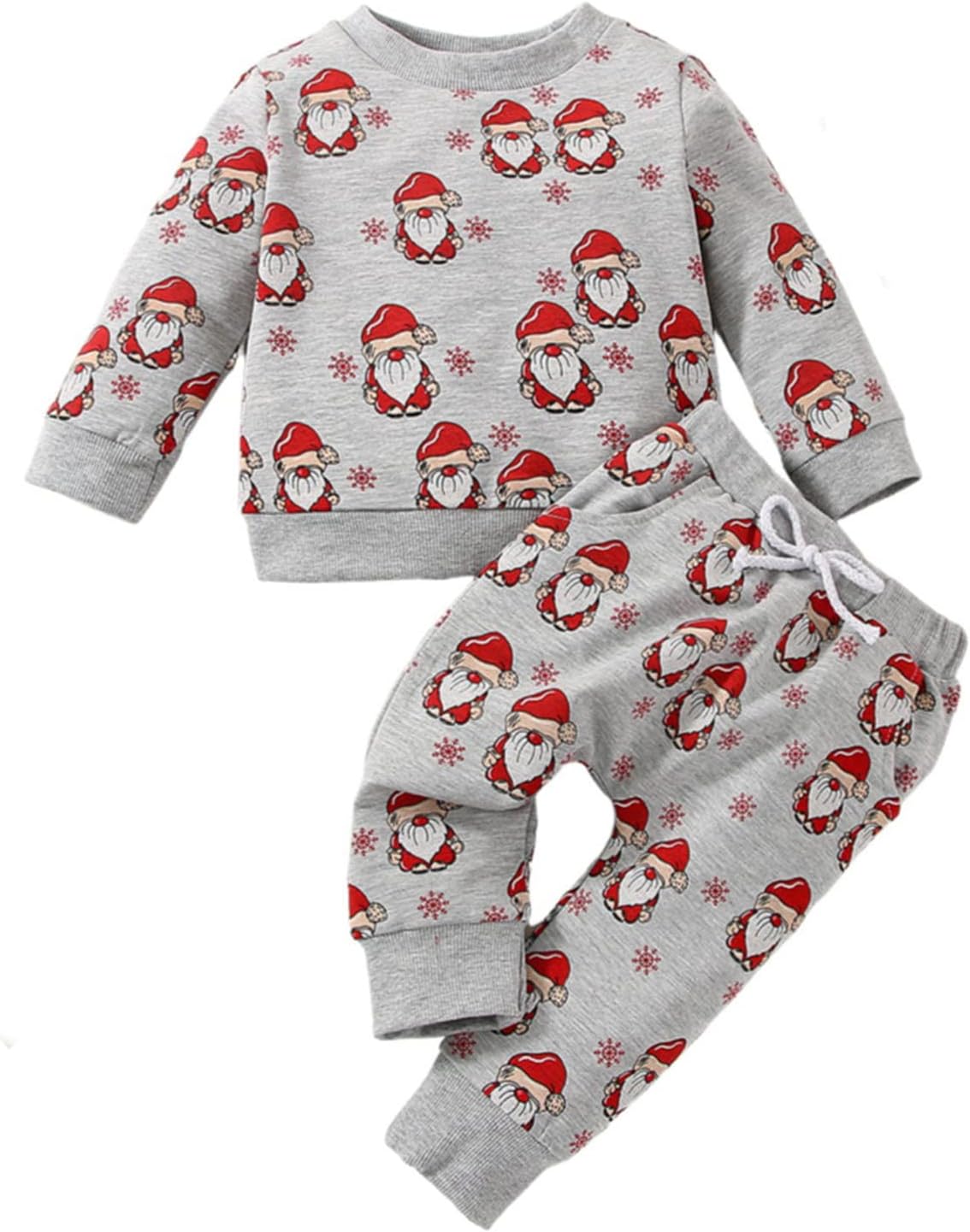 Newborn Baby Christmas Outfit Set Santa Print Cotton Blouse Pants Pullover