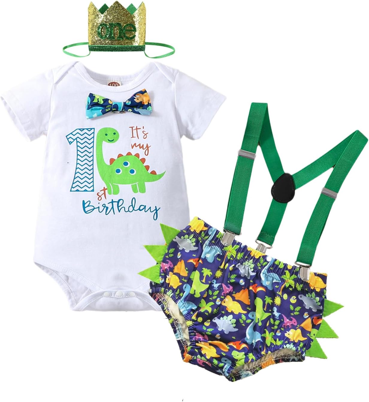 1st Birthday Baby Boys Dinosaur Romper Shorts Set