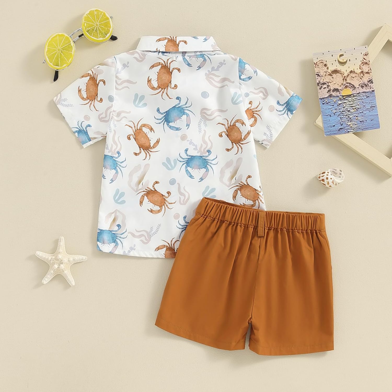 Licupiee Toddler Boys Ocean Print Shorts Set 2Pcs Crab Turtle Summer Outfits