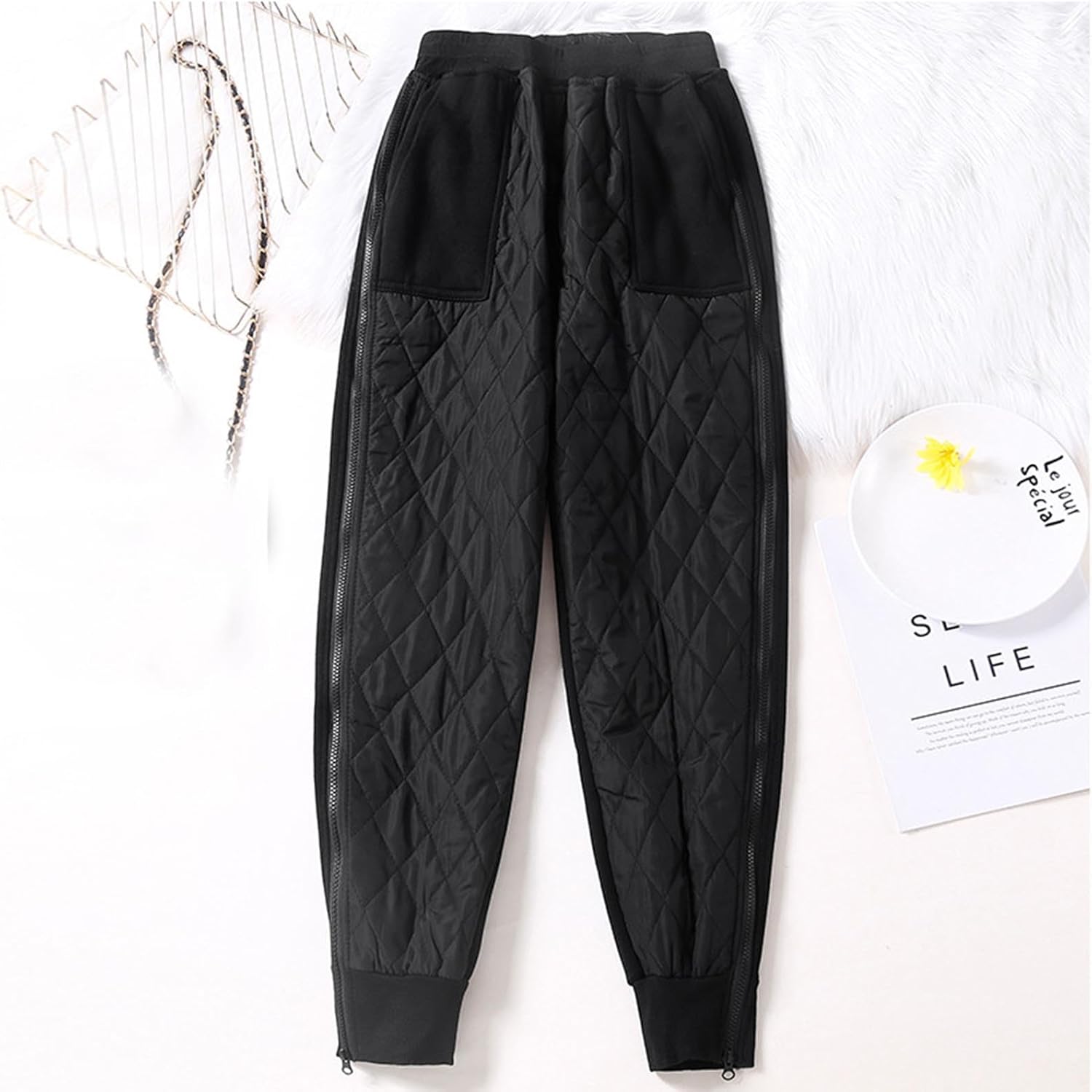 Warm Cozy Quilted Fleece Lined Winter Side Zipper Pant