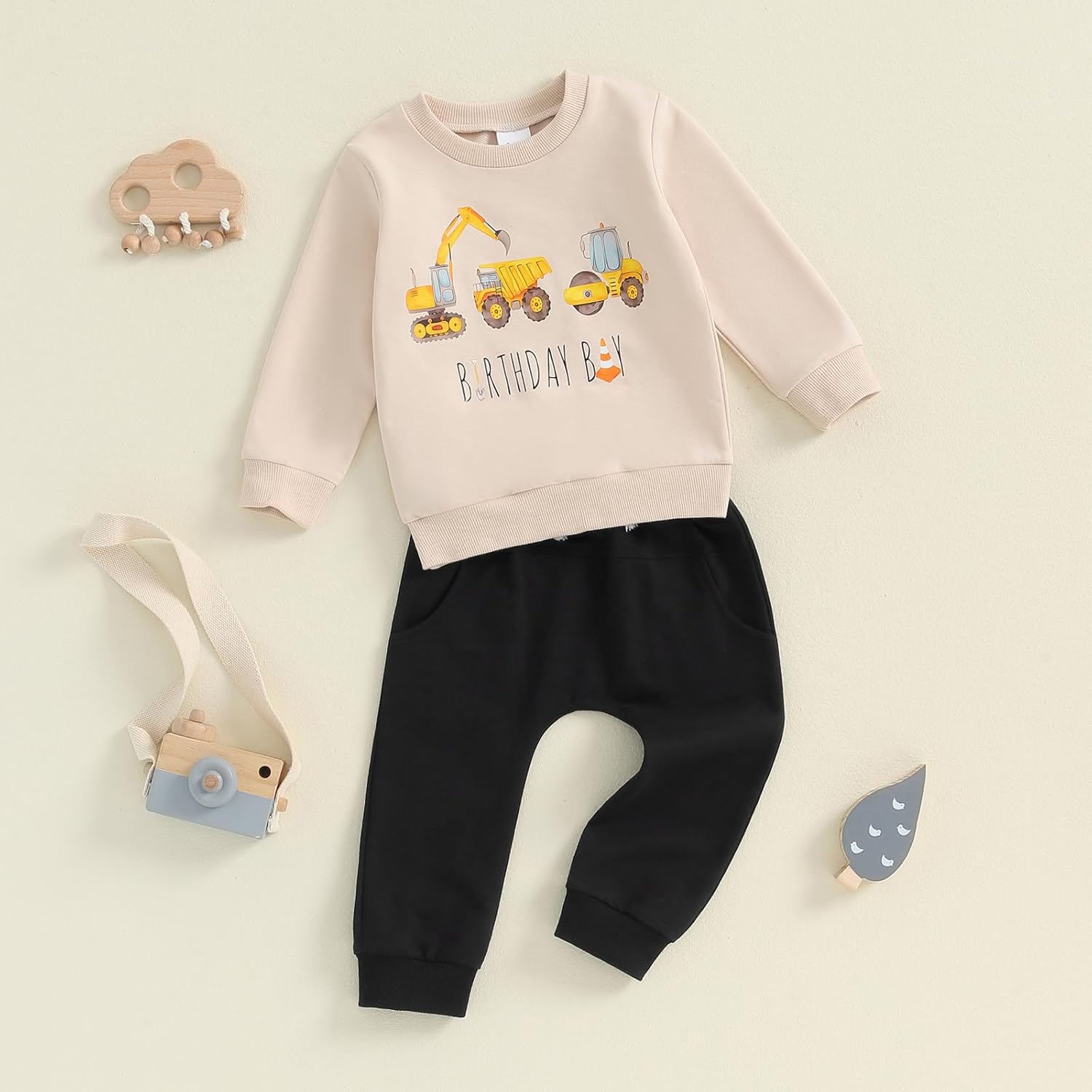 Pudcocos Excavator Construction Toddler Set Stretchy Pullover and collusion Joggers