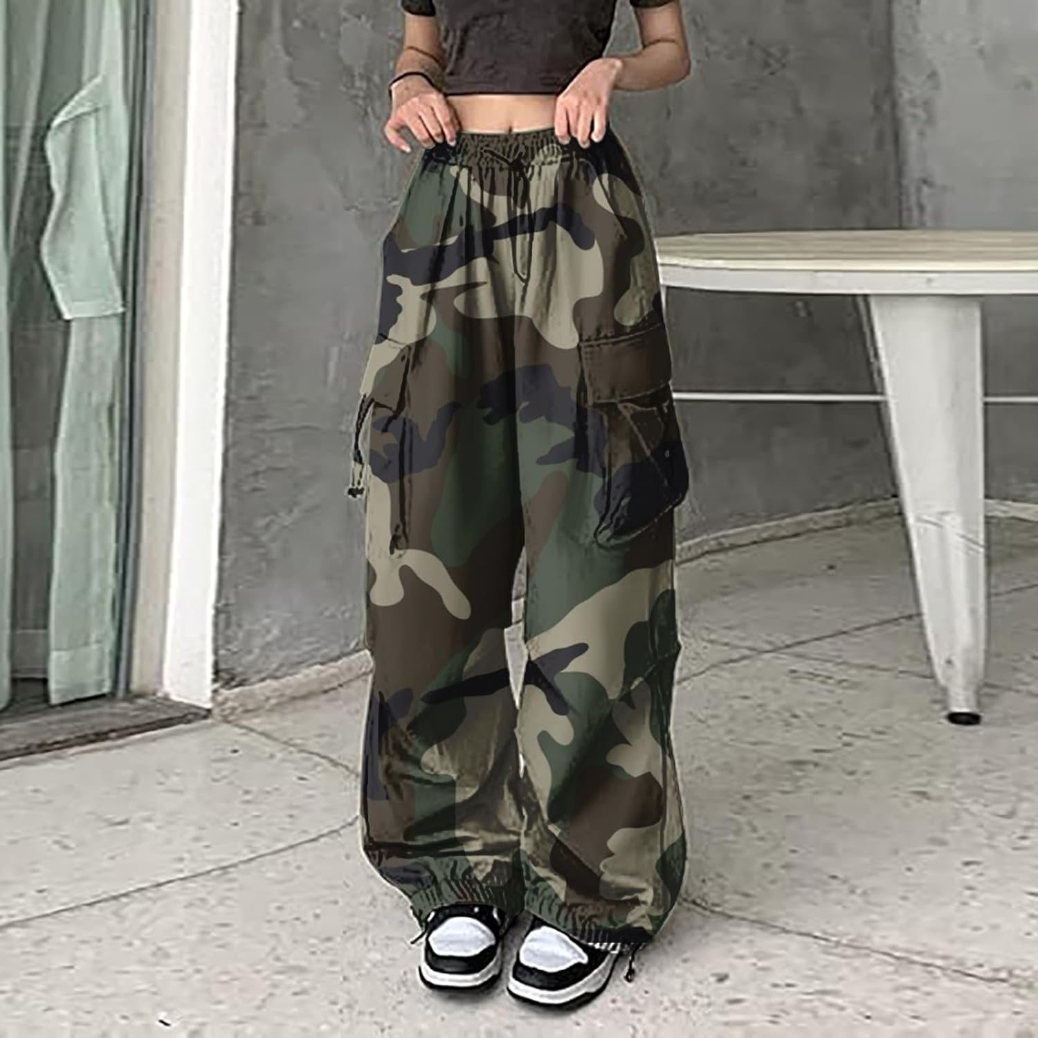 Camouflage High Waist Wide Leg Bike-Ride Summer Choice Womens Cargo Pants