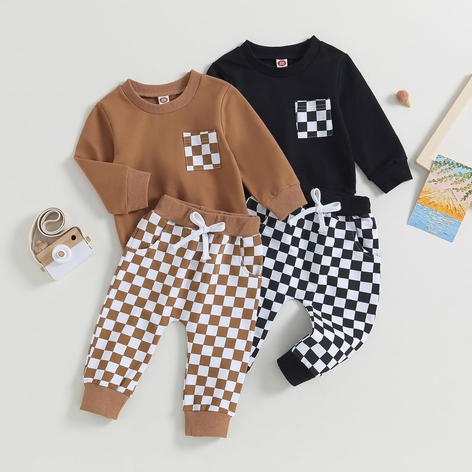 Toddler Baby Boy Plaid Sweatshirt Pant Set 2Pcs Fall Winter Outfit