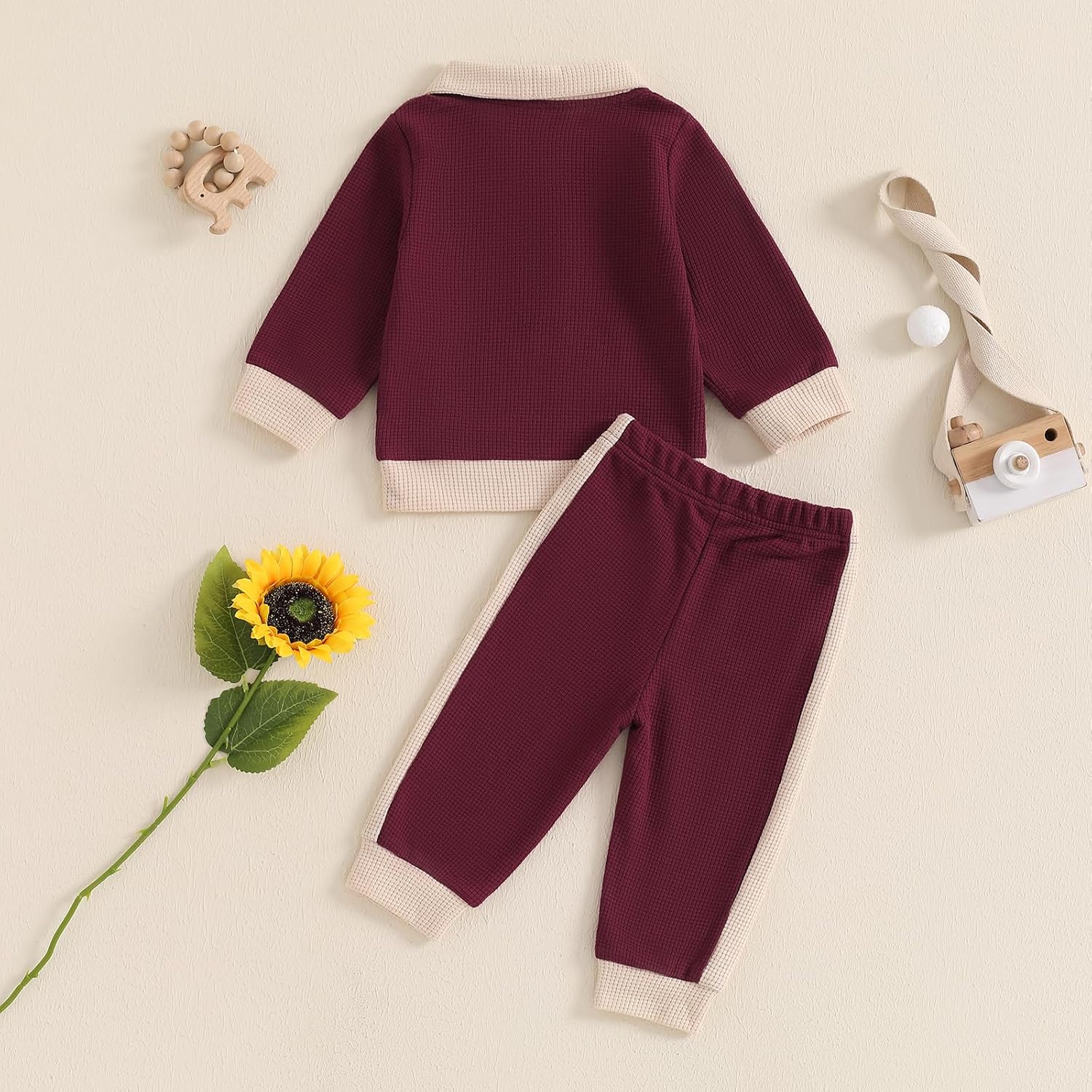 Meiweileya Toddler Essentials Waffle Knit Patchwork Polo Set