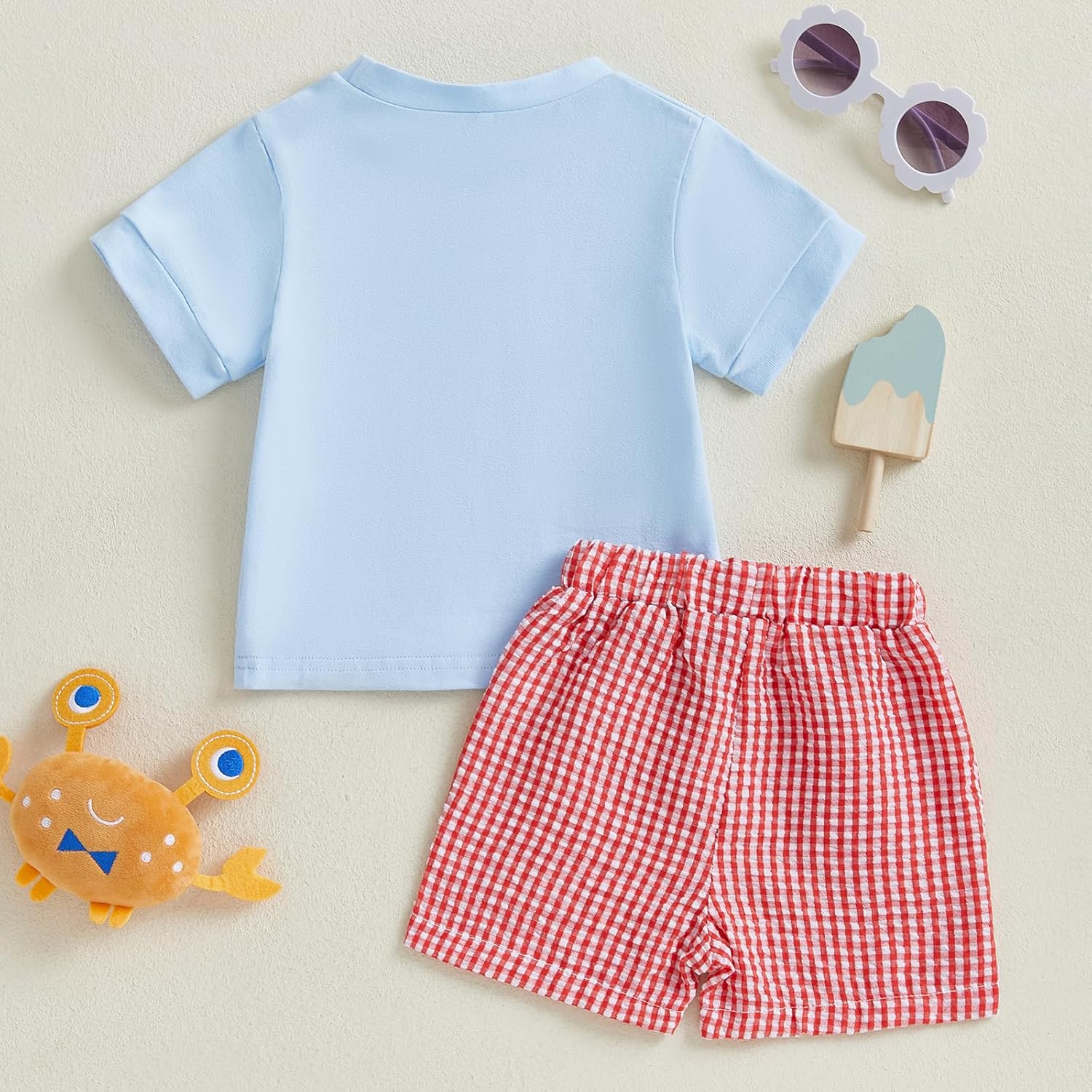 Gaono Toddler Boy Summer crab lobster embroidery t-shirt plaid shorts set