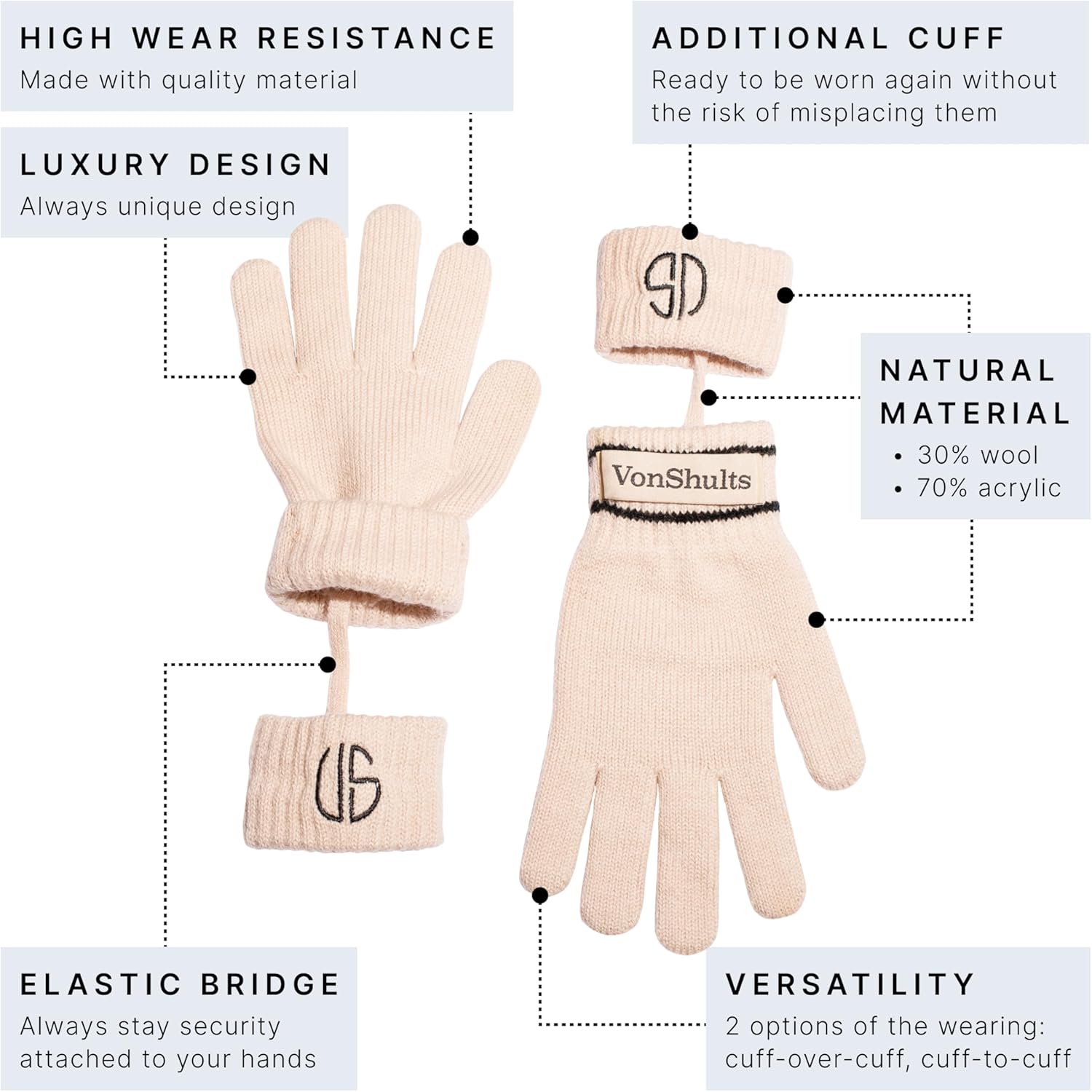 VonShults Merino Wool Winter Gloves Elastic Stylish for Men Women
