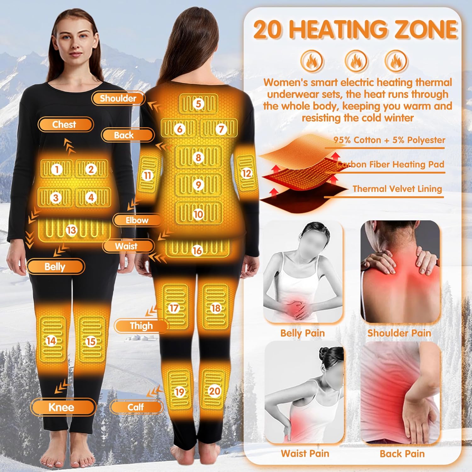 20-Zone Heating Underwear for Women - Long Johns Set