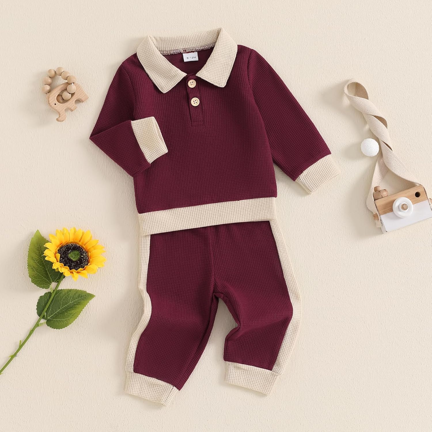 Meiweileya Toddler Essentials Waffle Knit Patchwork Polo Set