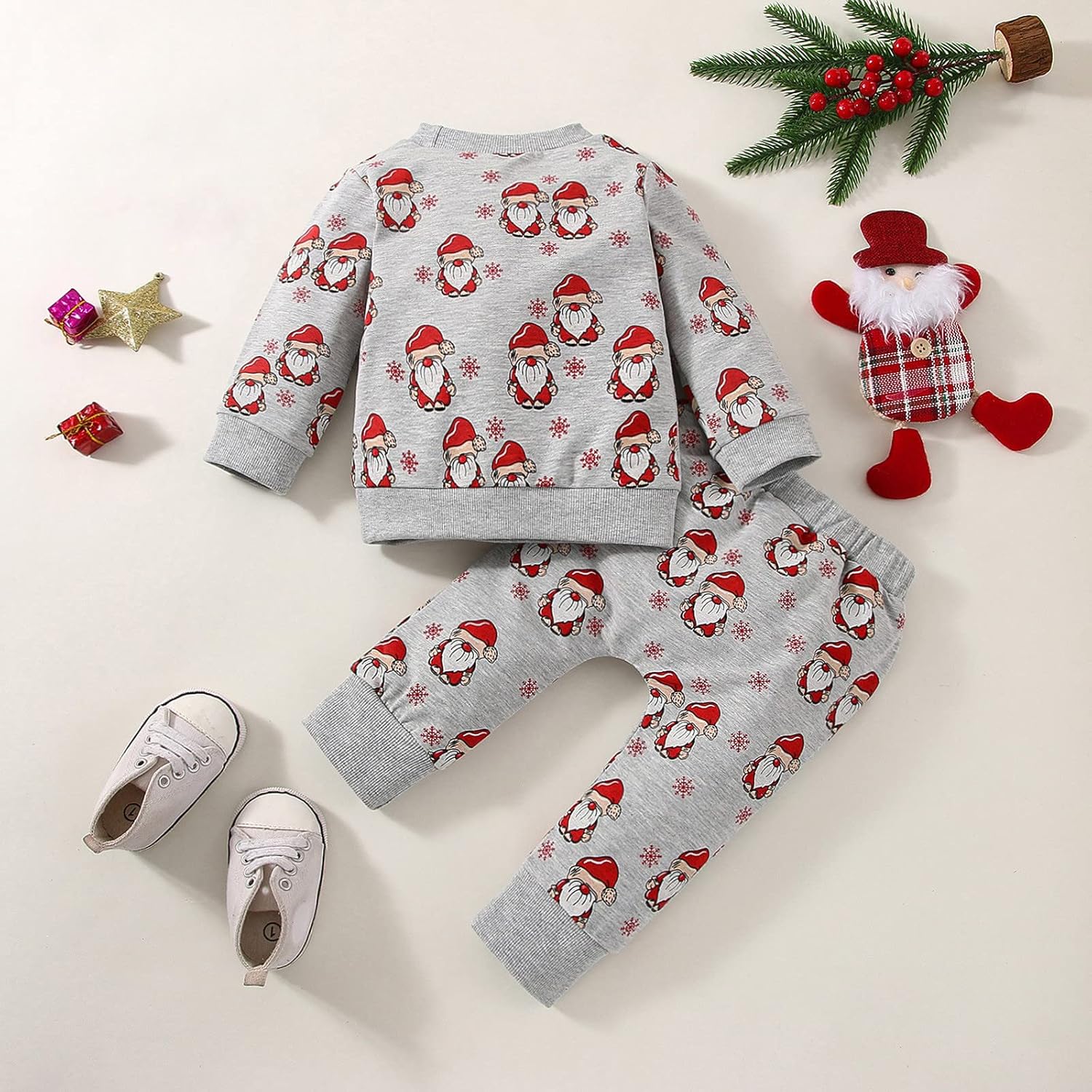 Newborn Baby Christmas Outfit Set Santa Print Cotton Blouse Pants Pullover
