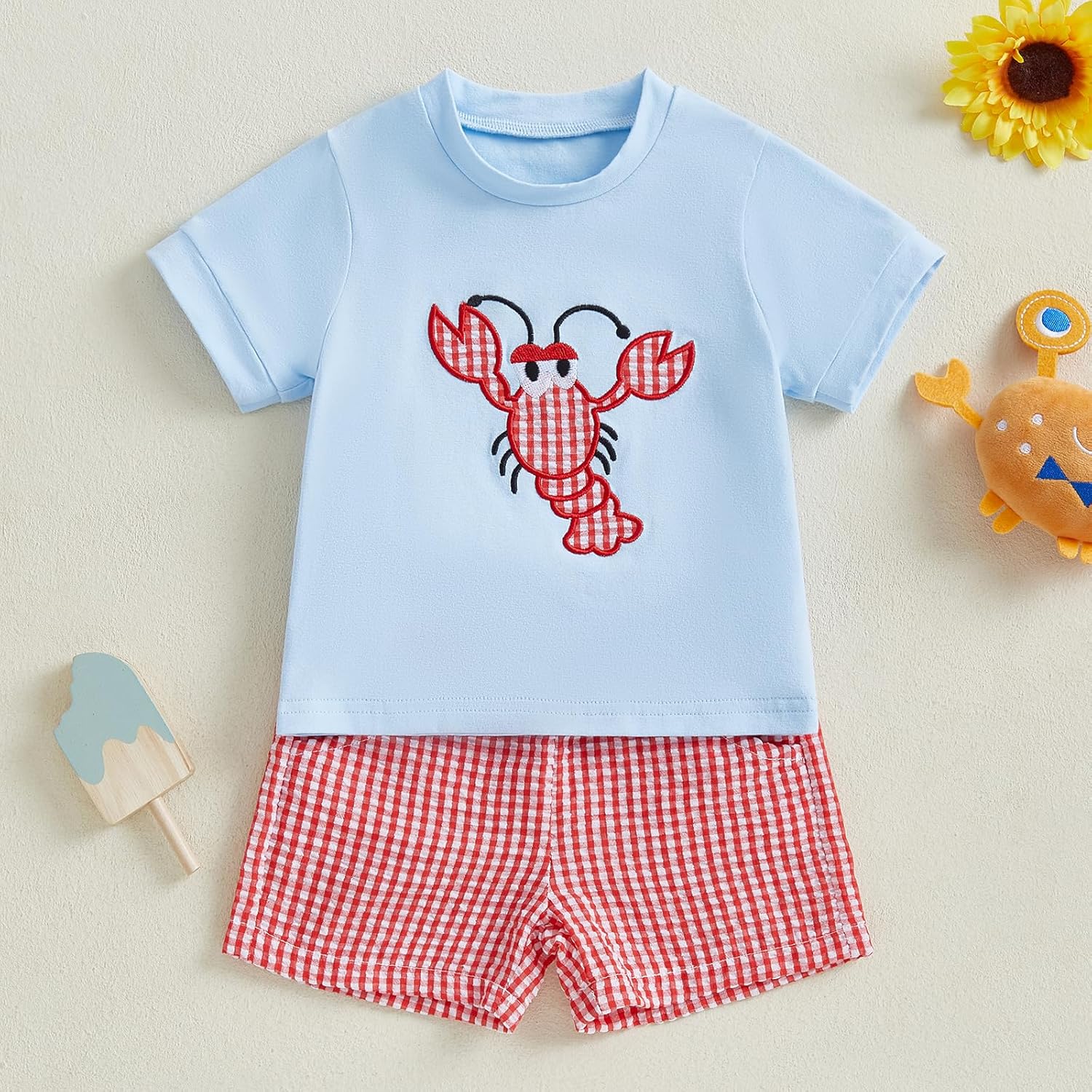 Gaono Toddler Boy Summer crab lobster embroidery t-shirt plaid shorts set