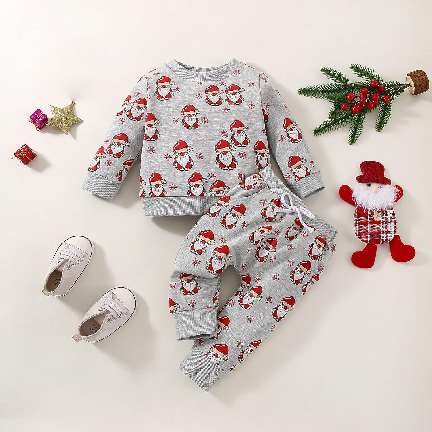 Newborn Baby Christmas Outfit Set Santa Print Cotton Blouse Pants Pullover